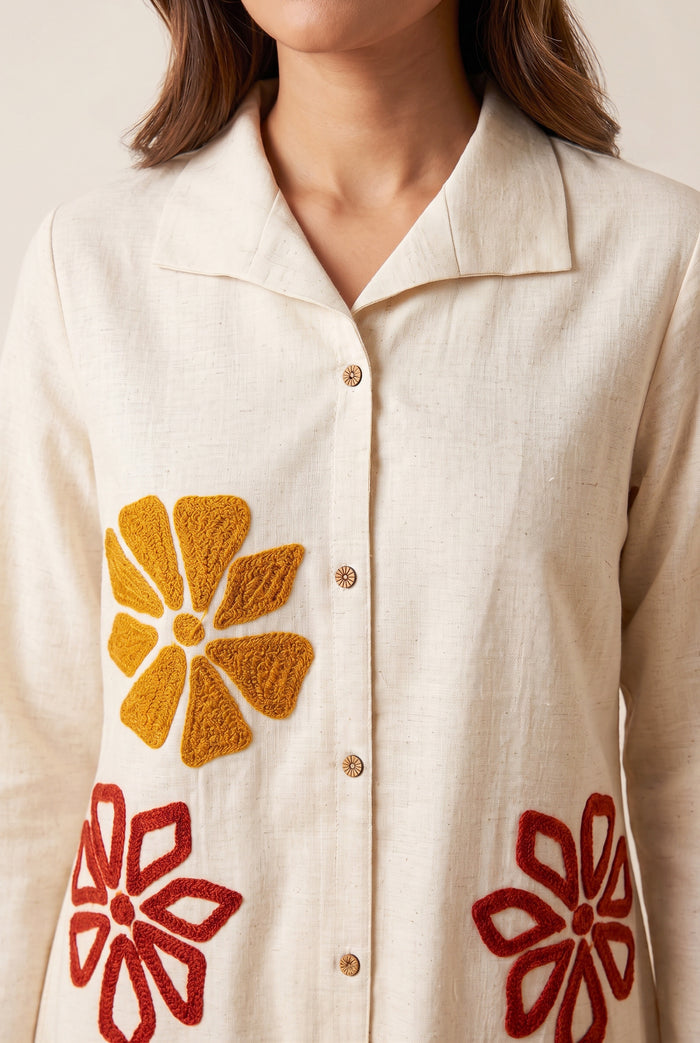 Ivory Floral Shirt & Palazzo Embroidered Cotton Flex Co-ord Set