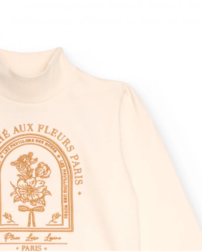 Ivory sweatshirt for girls with high neck and floral print