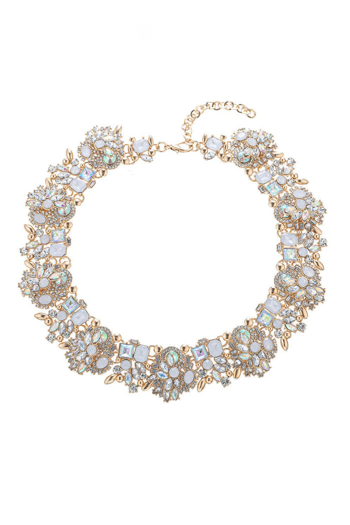 Ivy AB Crystal Collar Statement Necklace with iridescent crystal clusters in a gold tone collar design and adjustable chain.