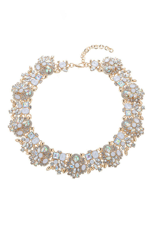 Ivy AB Crystal Collar Statement Necklace with iridescent crystal clusters in a gold tone collar design and adjustable chain.