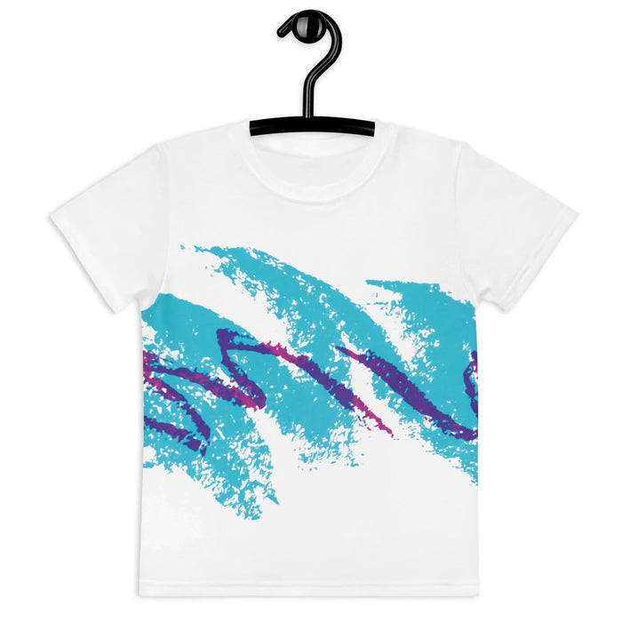 This nostalgic kid's tee showcases a bold horizontal graphic across the chest—a broad electric turquoise brushstroke with rough, stippled edges beneath a sharp, zig-zagging deep orchid purple line (think crayon scribble meets wax pencil). Contact us with accessibility feedback, we'd love to help!