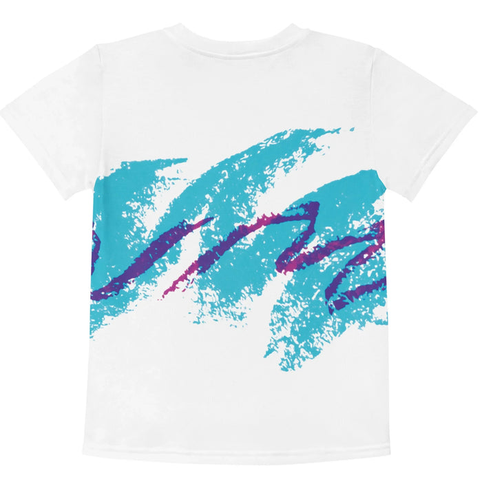 Jazzy 90s Kid's Tee - The iconic intersection of the **electric turquoise dry-brush swash (#3AB4C9)** and the erratic **deep orchid purple scribble (#7D3C98)**.