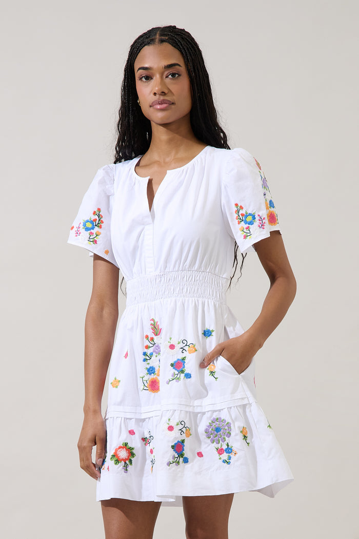 Jenavie Embroidered Smocked Mini Dress