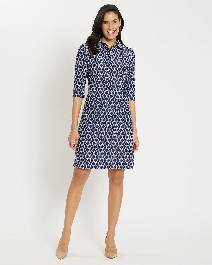 Full body view of model in the Jude Connally Susanna Dress - Dancing Links Navy