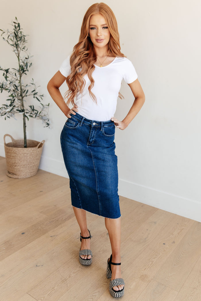 Judy Blue High Rise Non Distressed Denim Midi Skirt