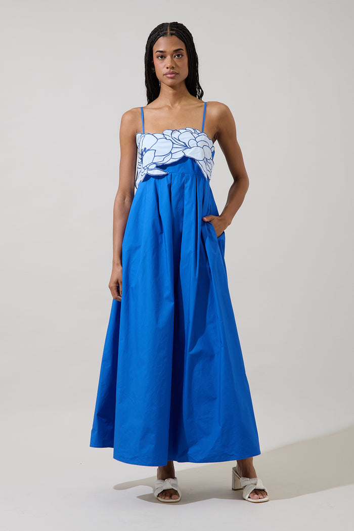 Kalani Floral Embroidery Pleated Maxi Dress