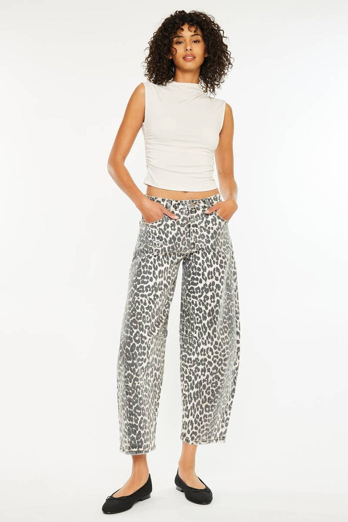 Style the Kancan Mid Rise Leopard Barrel Jeans exclusively at Born To Glam