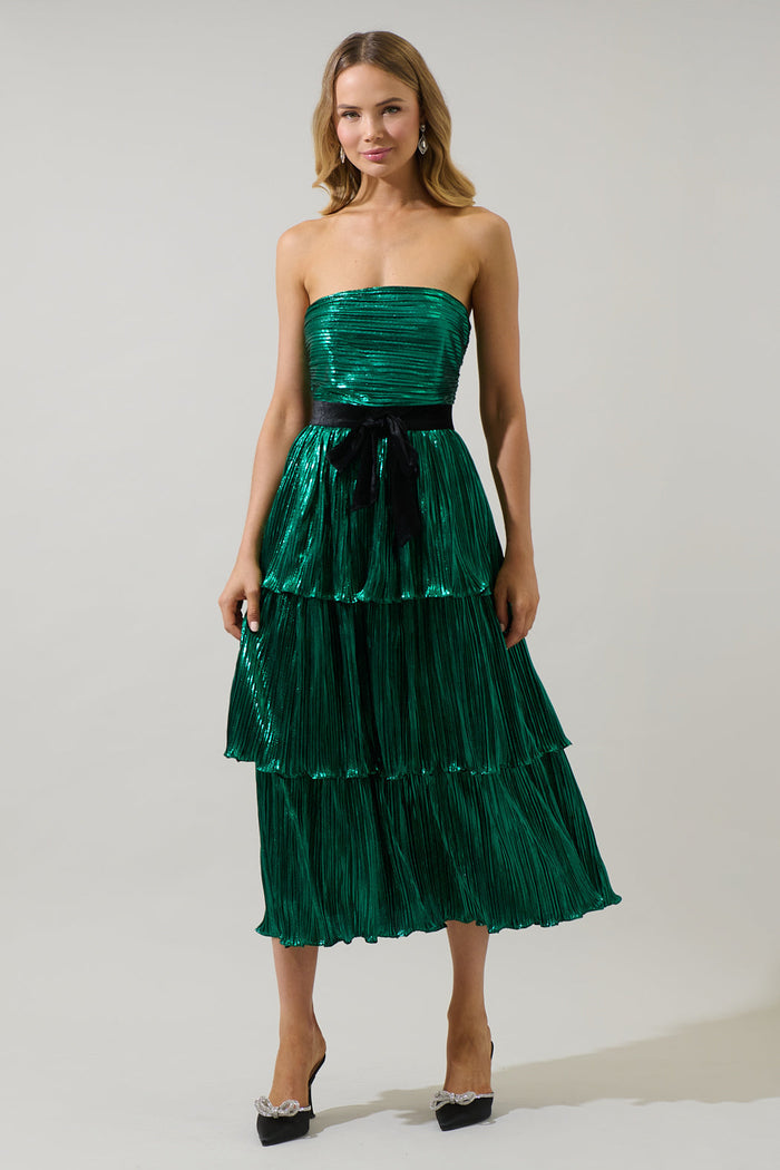 Katia Metallic Strapless Tiered Midi Dress