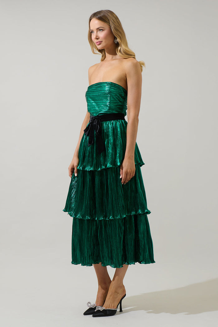 Katia Metallic Strapless Tiered Midi Dress