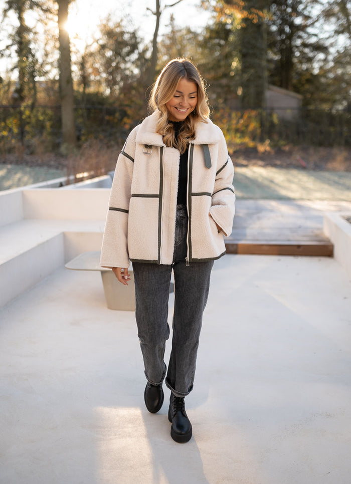 Front view of cream teddy shearling jacket