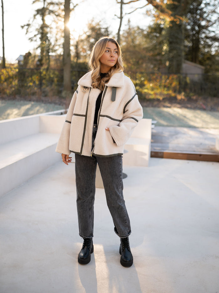 Cream shearling jacket with foldover collar