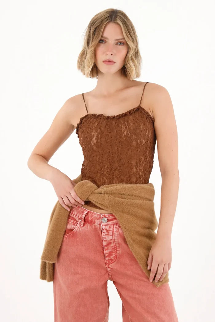 Lace Fabric T-Shirt with Brown Sheerness for Women