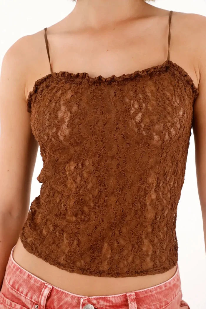 Lace Fabric T-Shirt with Brown Sheerness for Women