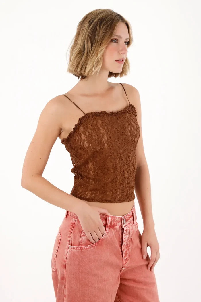 Lace Fabric T-Shirt with Brown Sheerness for Women
