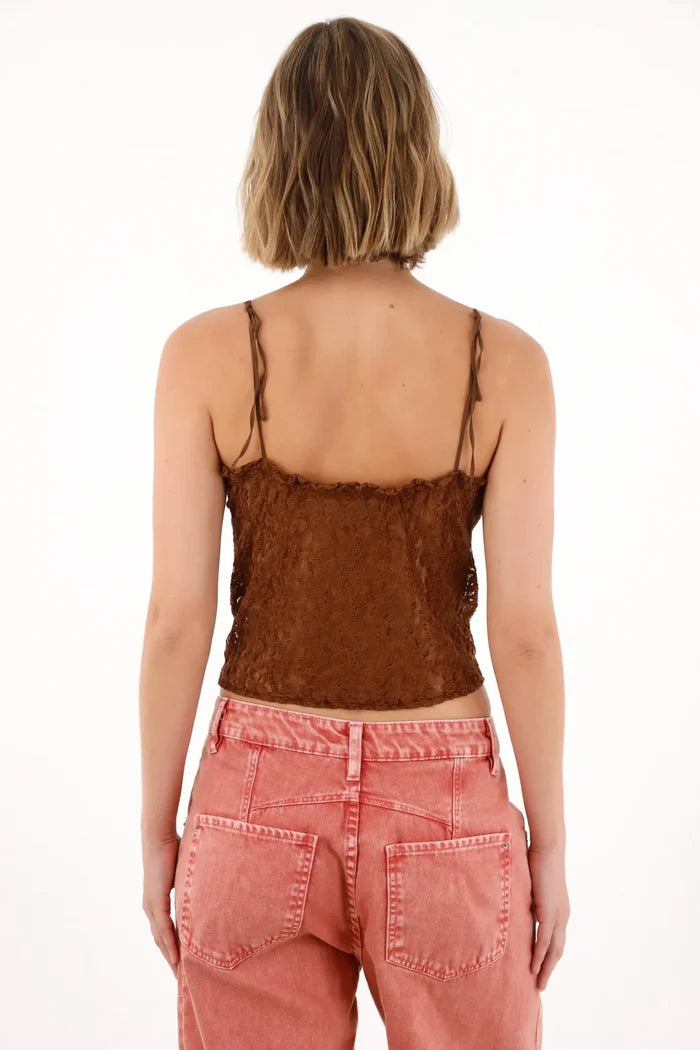 Lace Fabric T-Shirt with Brown Sheerness for Women