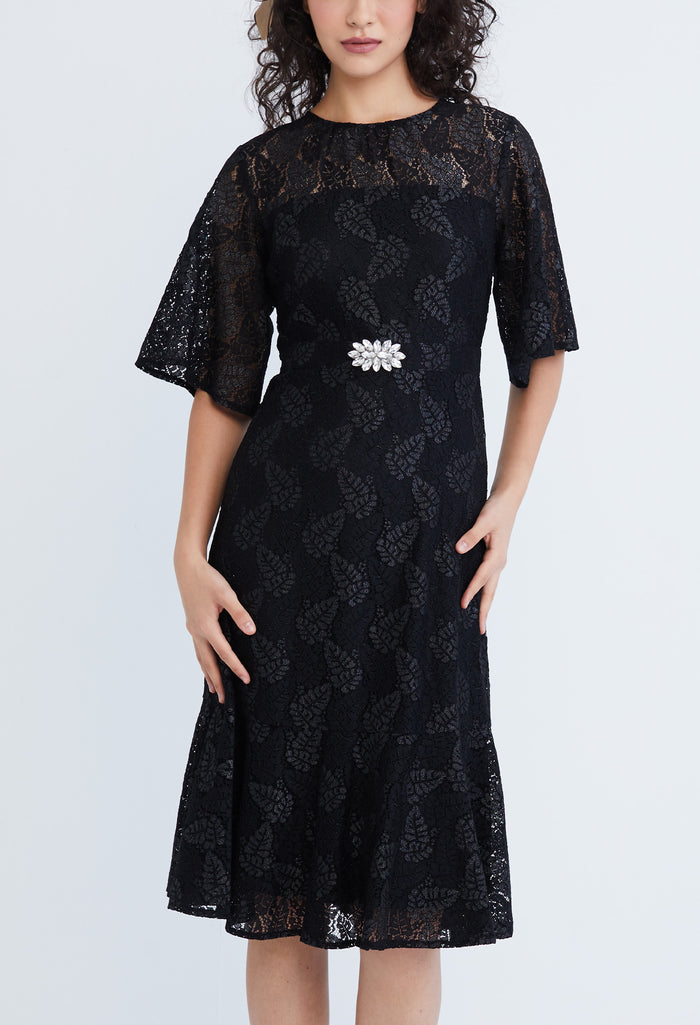 Lace Pearl Belted Cocktail Dress