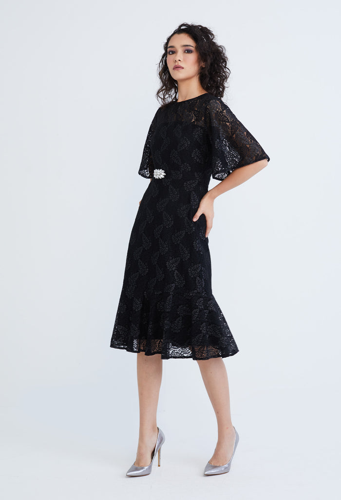 Lace Pearl Belted Cocktail Dress