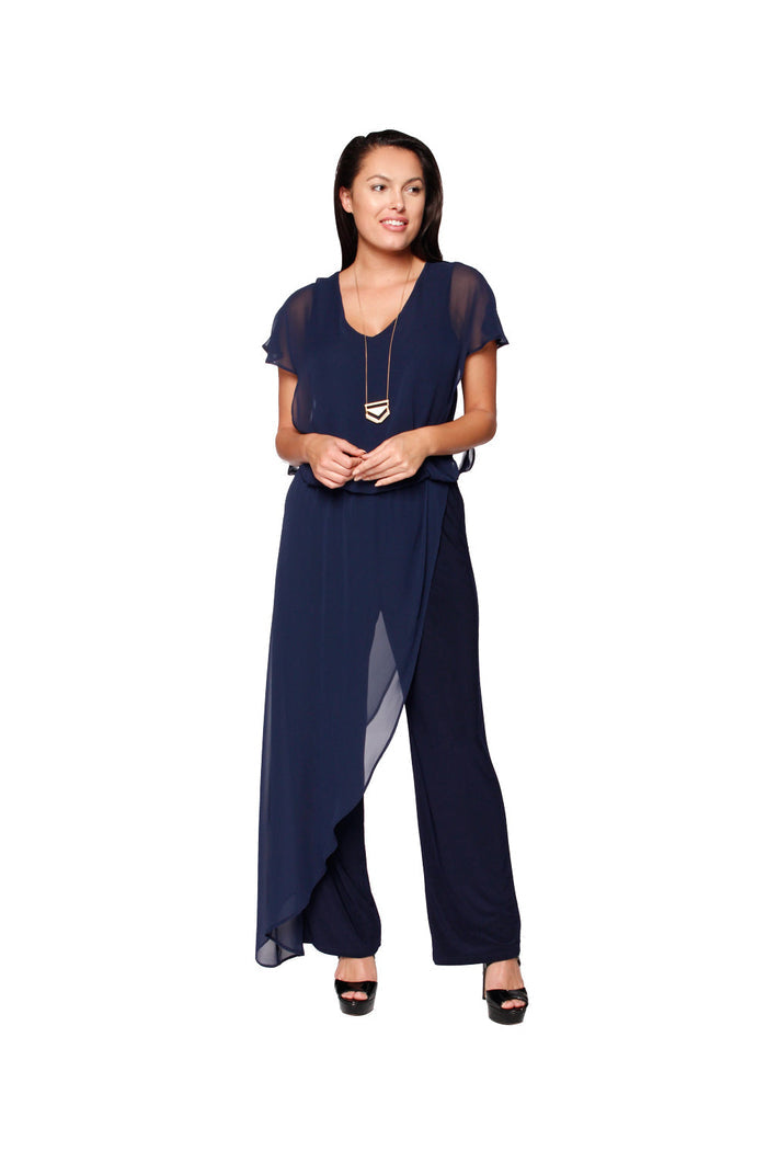 Front view of the Last Tango Jumpsuit With Chiffon Overlay - Navy