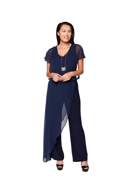Front view of the Last Tango Jumpsuit With Chiffon Overlay - Navy