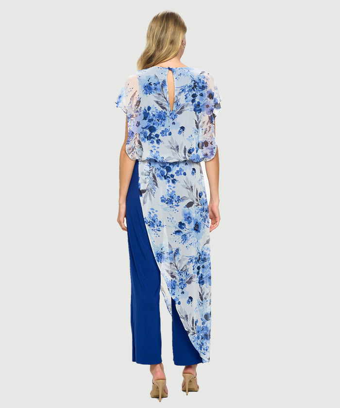 Back view of the Last Tango Jumpsuit With Chiffon Overlay - Royal Flower