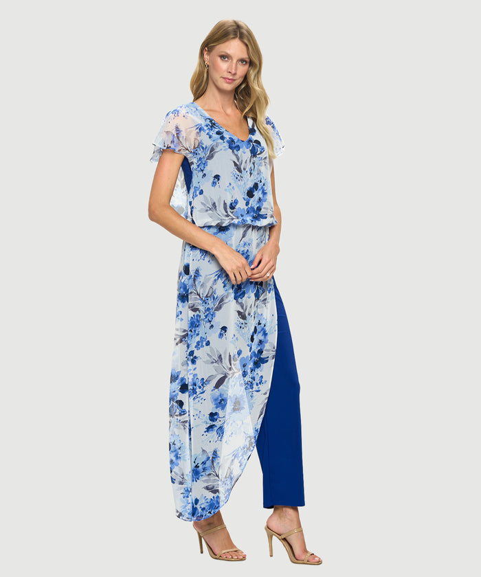 Full body view of the Last Tango Jumpsuit With Chiffon Overlay - Royal Flower