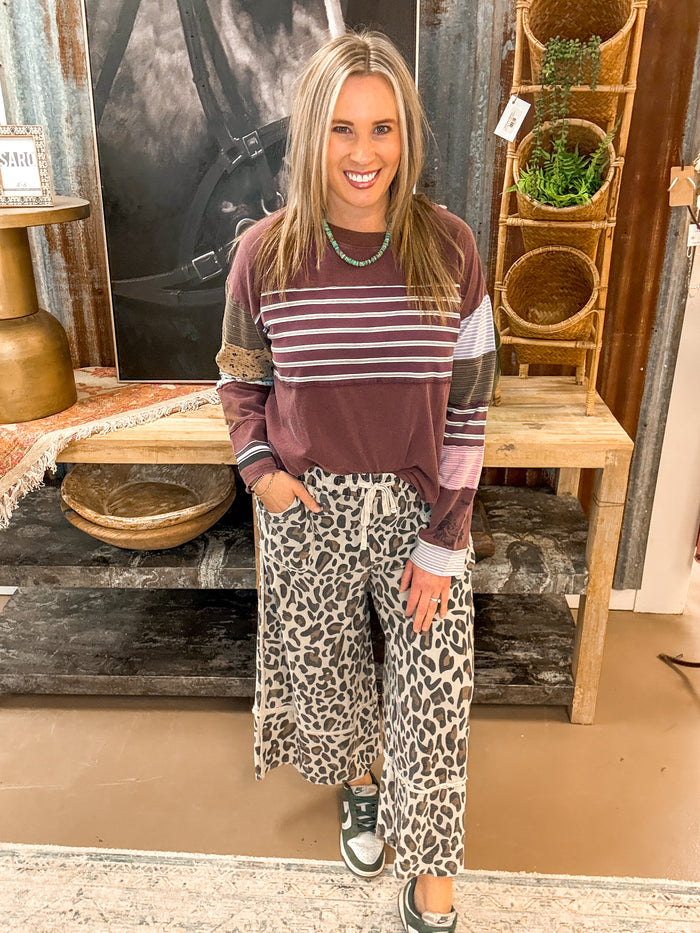 LEOPARD PRINT TERRY KNIT PANTS, MUSHROOM