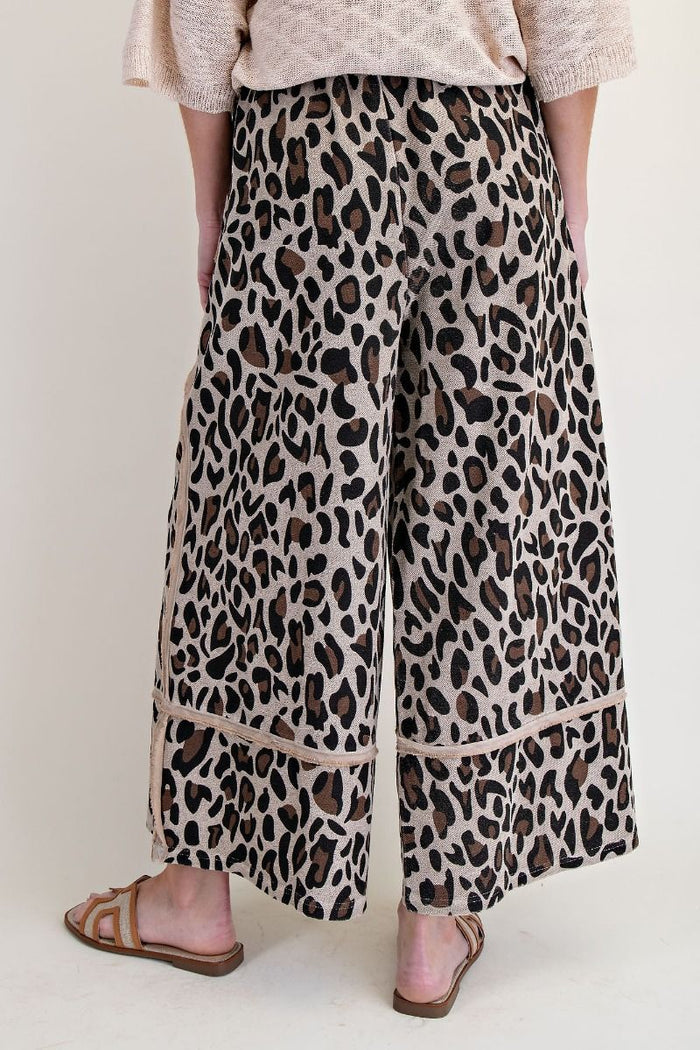 LEOPARD PRINT TERRY KNIT PANTS, MUSHROOM