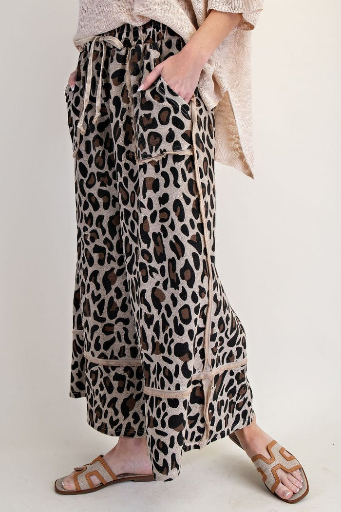 LEOPARD PRINT TERRY KNIT PANTS, MUSHROOM