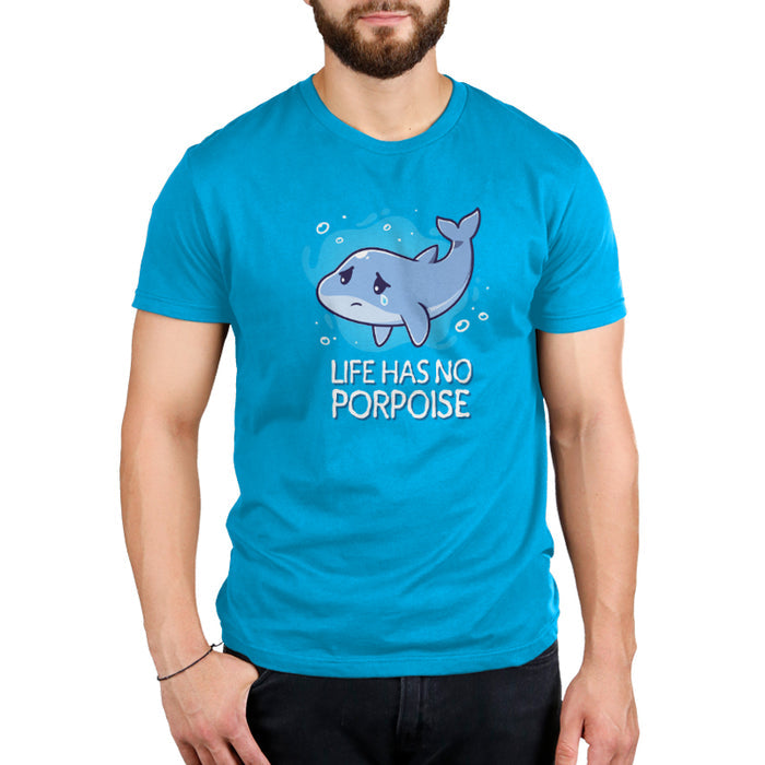 Premium Cotton T-shirt_TeeTurtle cobalt blue Life Has No Porpoise apparel featuring a cartoon of a dolphin with a single tear floating in water with the text "Life Has No Porpoise" beneath it.