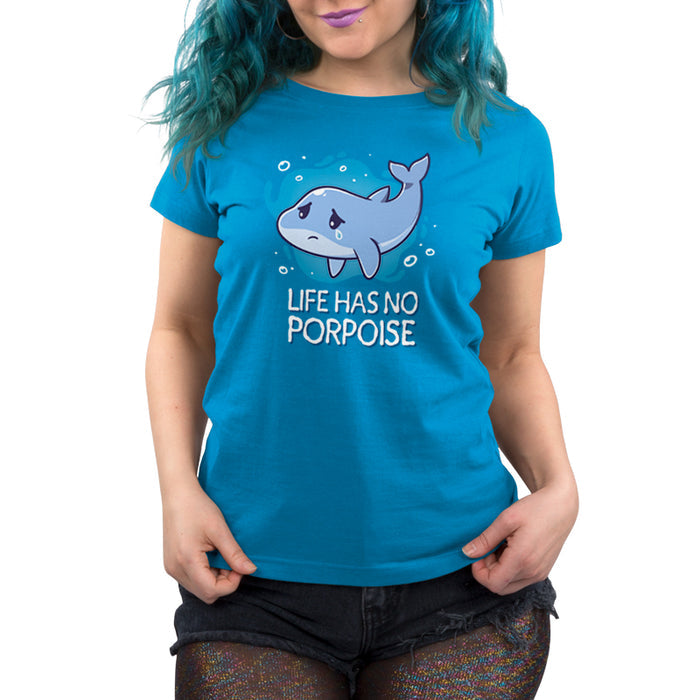 Premium Cotton T-shirt_TeeTurtle cobalt blue Life Has No Porpoise apparel featuring a cartoon of a dolphin with a single tear floating in water with the text "Life Has No Porpoise" beneath it.