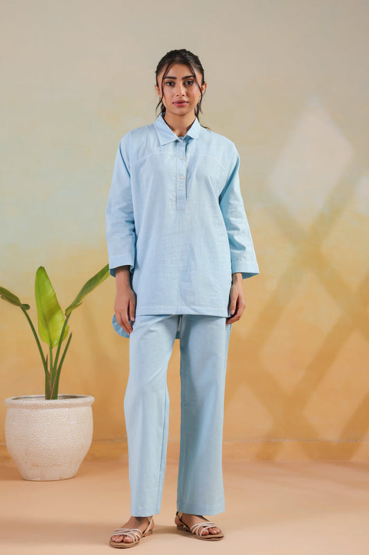 Light Blue Buttoned Modern Solid Classic Shirt Style Cotton Flex Co-ord Set