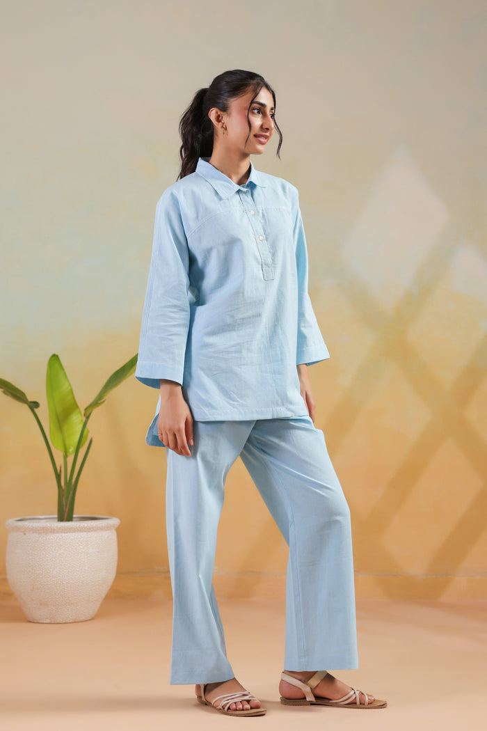 Light Blue Buttoned Modern Solid Classic Shirt Style Cotton Flex Co-ord Set