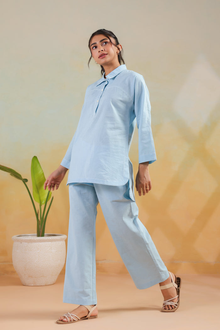 Light Blue Buttoned Modern Solid Classic Shirt Style Cotton Flex Co-ord Set