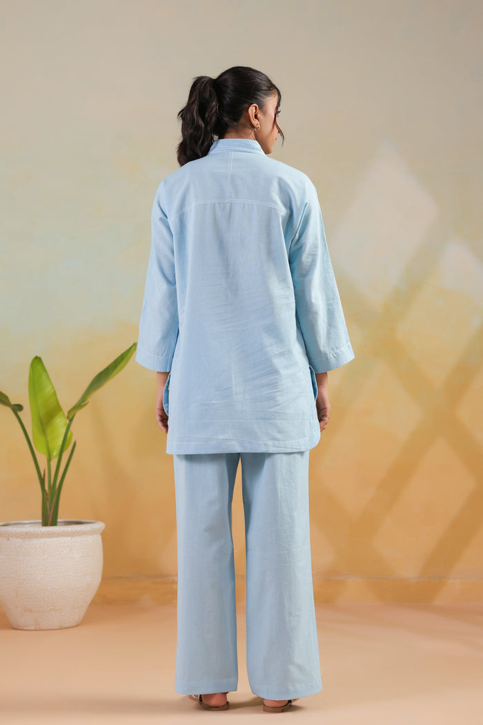 Light Blue Buttoned Modern Solid Classic Shirt Style Cotton Flex Co-ord Set