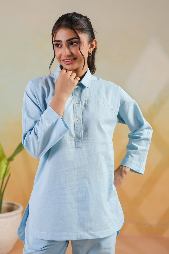 Light Blue Buttoned Modern Solid Classic Shirt Style Cotton Flex Co-ord Set
