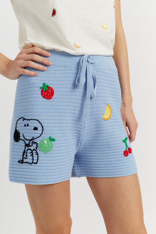 Light-Blue Cotton Snoopy Crochet Shorts