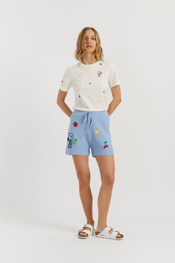 Light-Blue Cotton Snoopy Crochet Shorts
