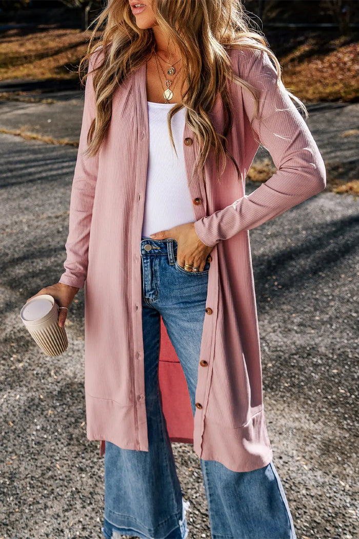 Light French Beige Ribbed Button-Up Split Duster Cardigan - Pink / S - Sweaters & Cardigans/Cardigans