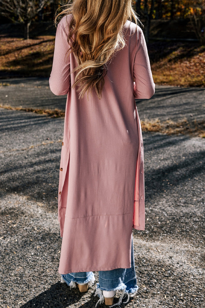 Light French Beige Ribbed Button-Up Split Duster Cardigan - Sweaters & Cardigans/Cardigans