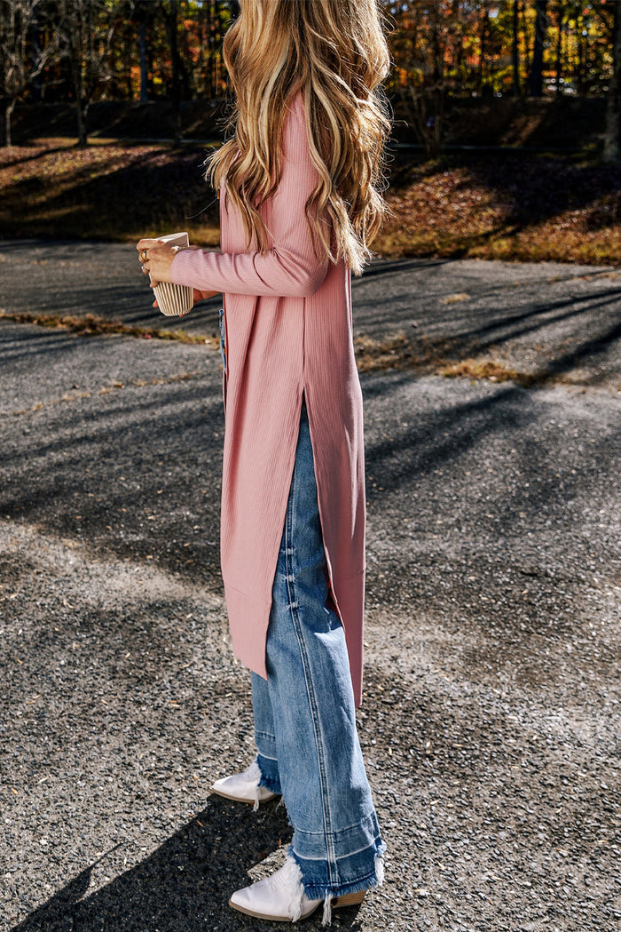 Light French Beige Ribbed Button-Up Split Duster Cardigan - Sweaters & Cardigans/Cardigans