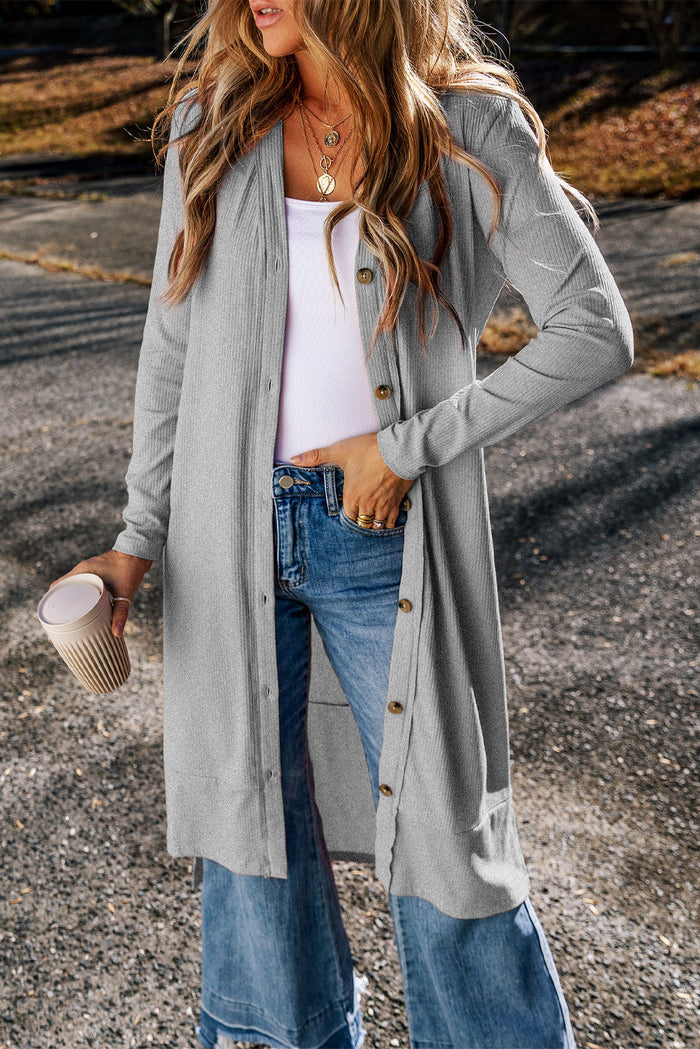 Light French Beige Ribbed Button-Up Split Duster Cardigan - Gray / S - Sweaters & Cardigans/Cardigans