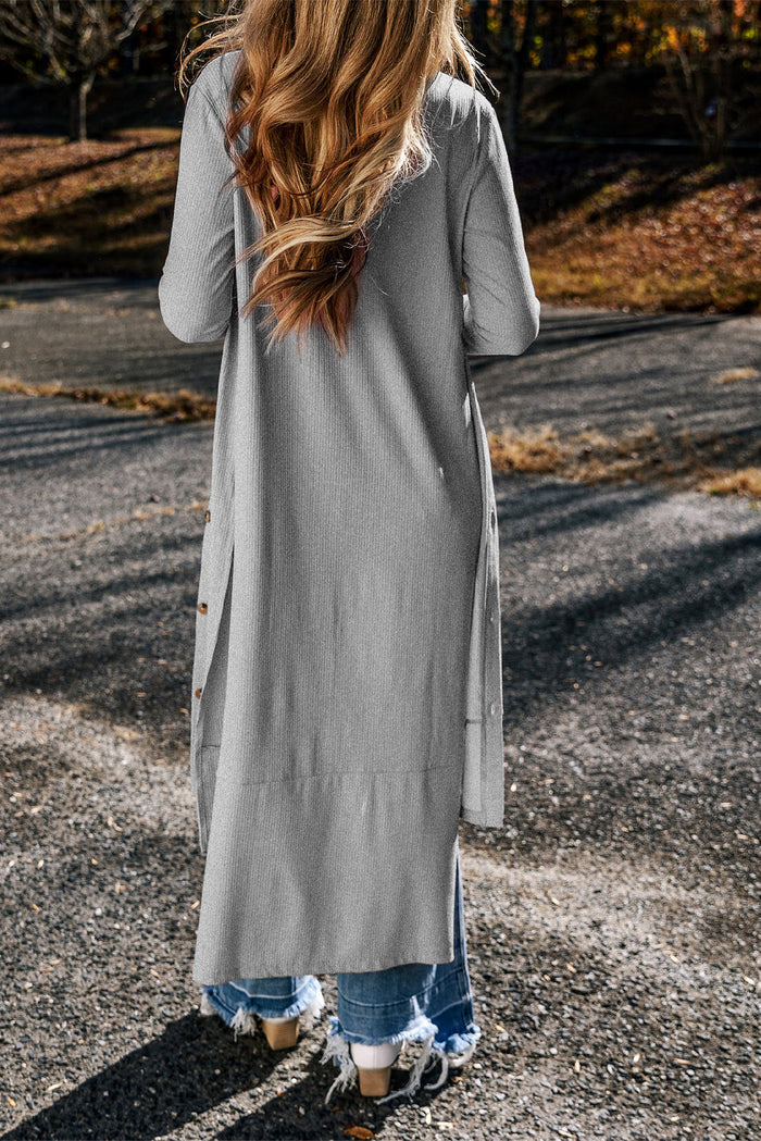 Light French Beige Ribbed Button-Up Split Duster Cardigan - Sweaters & Cardigans/Cardigans