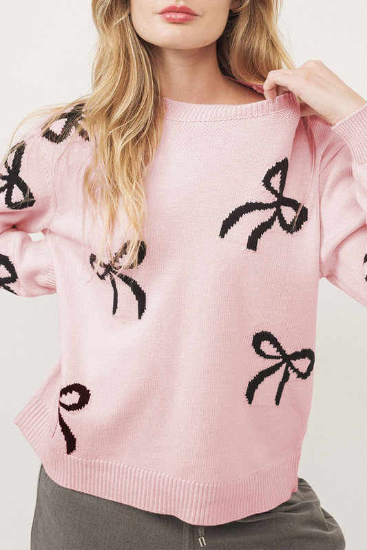 Light Pink Bow Pattern Knitted Loose Fit Sweater - LIGHT PINK / S / 52% VISCOSE + 26% POLYESTER + 22% POLYAMIDE