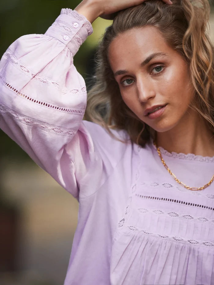 Lilac Crochet-Detail Cotton Blouse