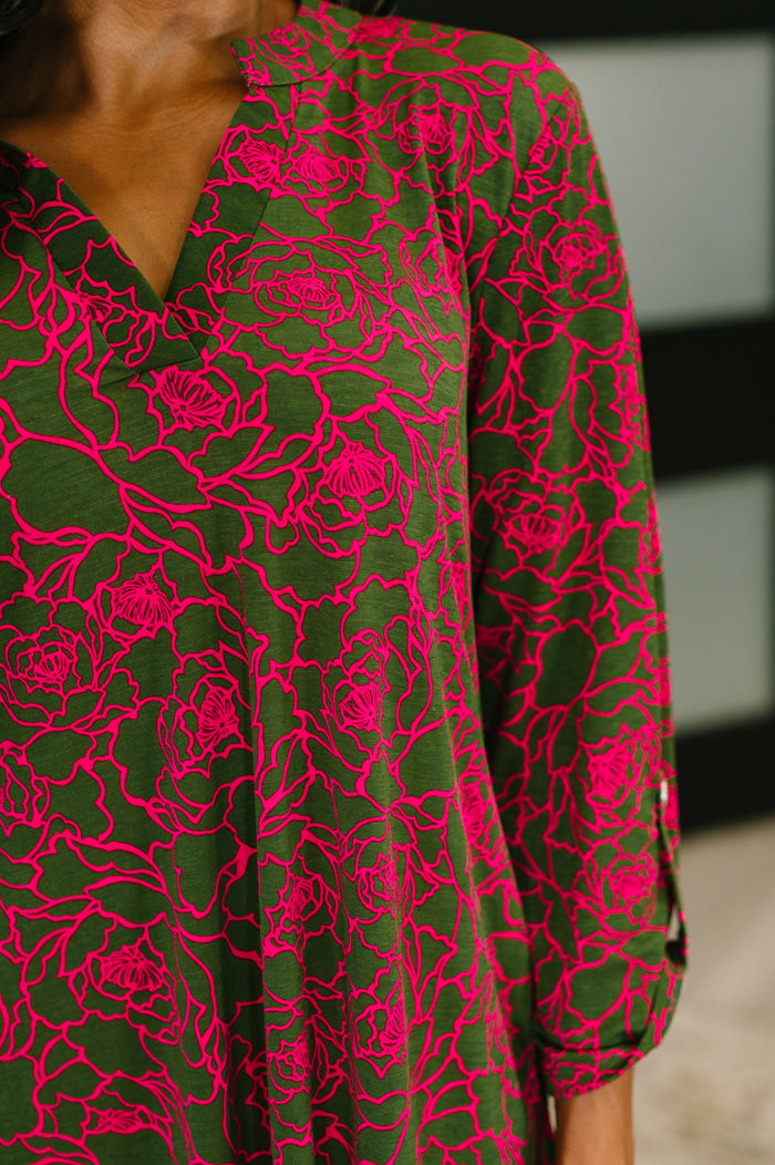 Lizzy Long Sleeve Dress in Pink and Olive Abstract Floral by Dear Scarlett