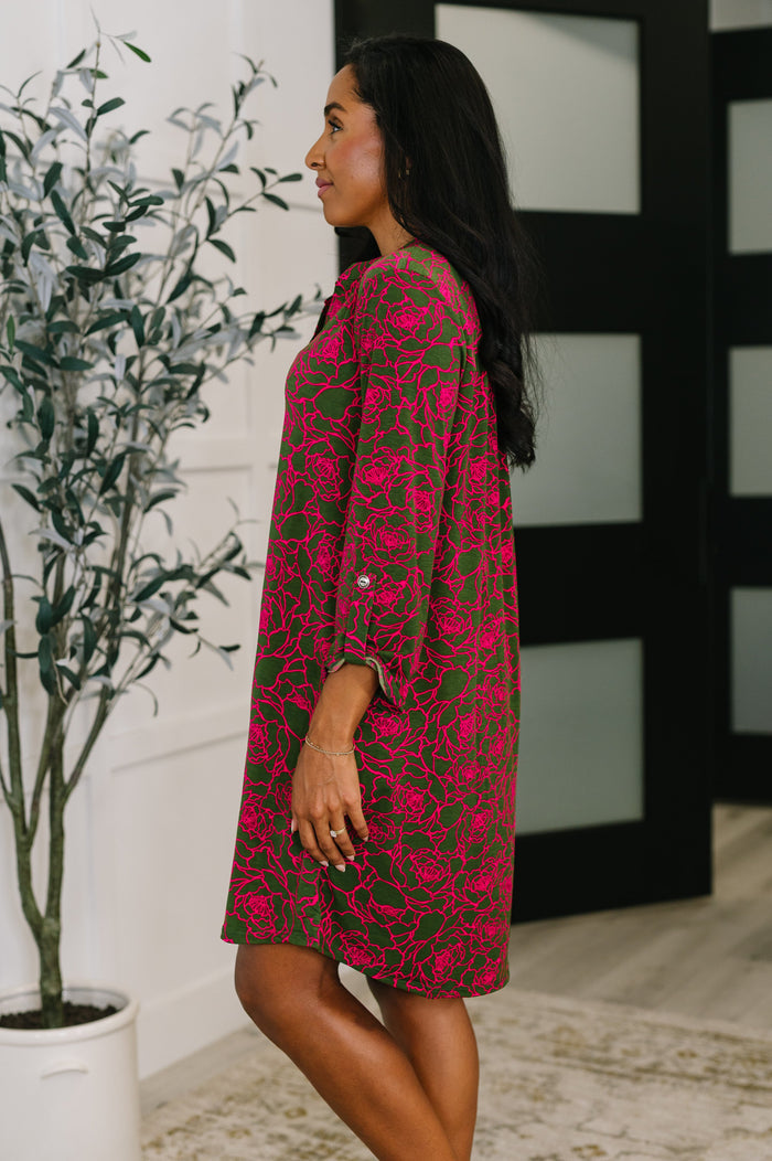 Lizzy Long Sleeve Dress in Pink and Olive Abstract Floral by Dear Scarlett