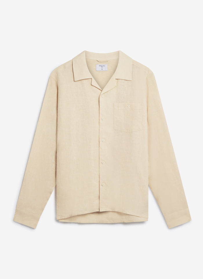A flat lay of the Percival Long Sleeve Cuban Linen Shirt in cream, shown against a white background.