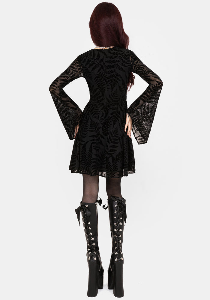 Lunafern Fern Leaf Flocked Mesh Flute Sleeve Mini Dress