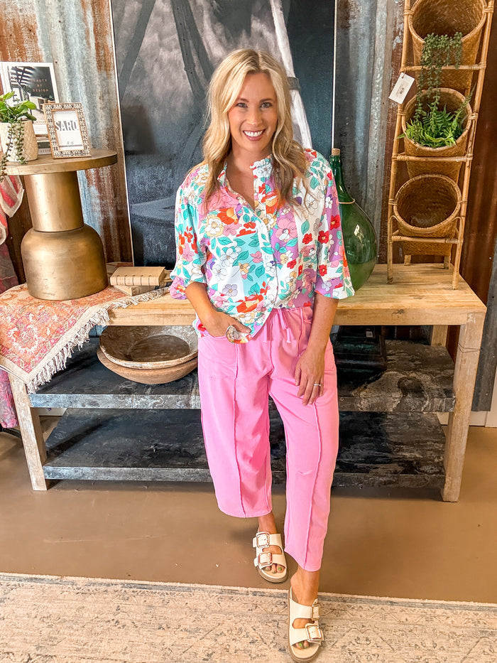 MADDIE MINERAL WASH BARREL PANTS, CANDY PINK