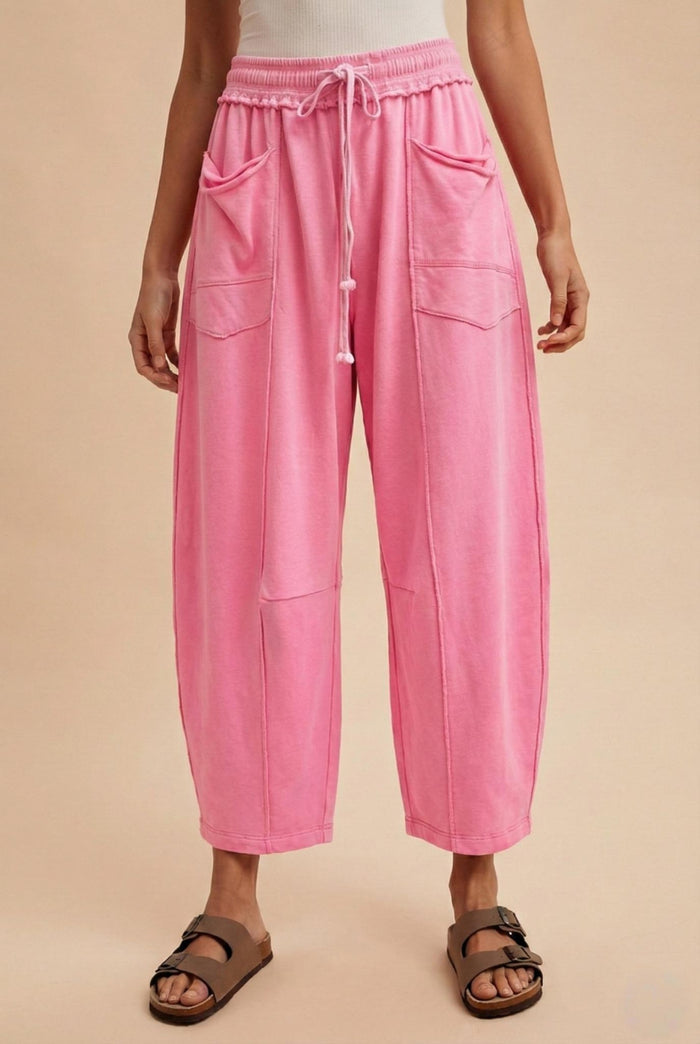MADDIE MINERAL WASH BARREL PANTS, CANDY PINK